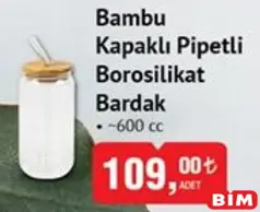 BAMBU KAPAKLI PİPETLİ BOROSİLİKAT BARDAK 600 CC